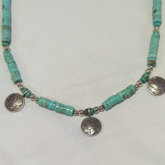 Kingman Turquoise Beaded Necklace with Mercury Dimes And Silver Accents - Picture 3 of 8